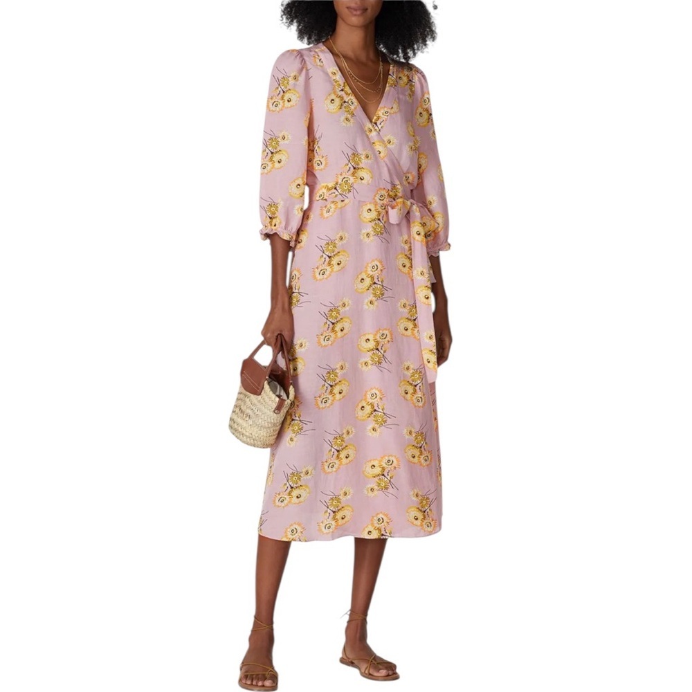 Madewell Linen-Blend Ruffle-Cuff Wrap Dress Pink Floral Dutch Dandelions Small
